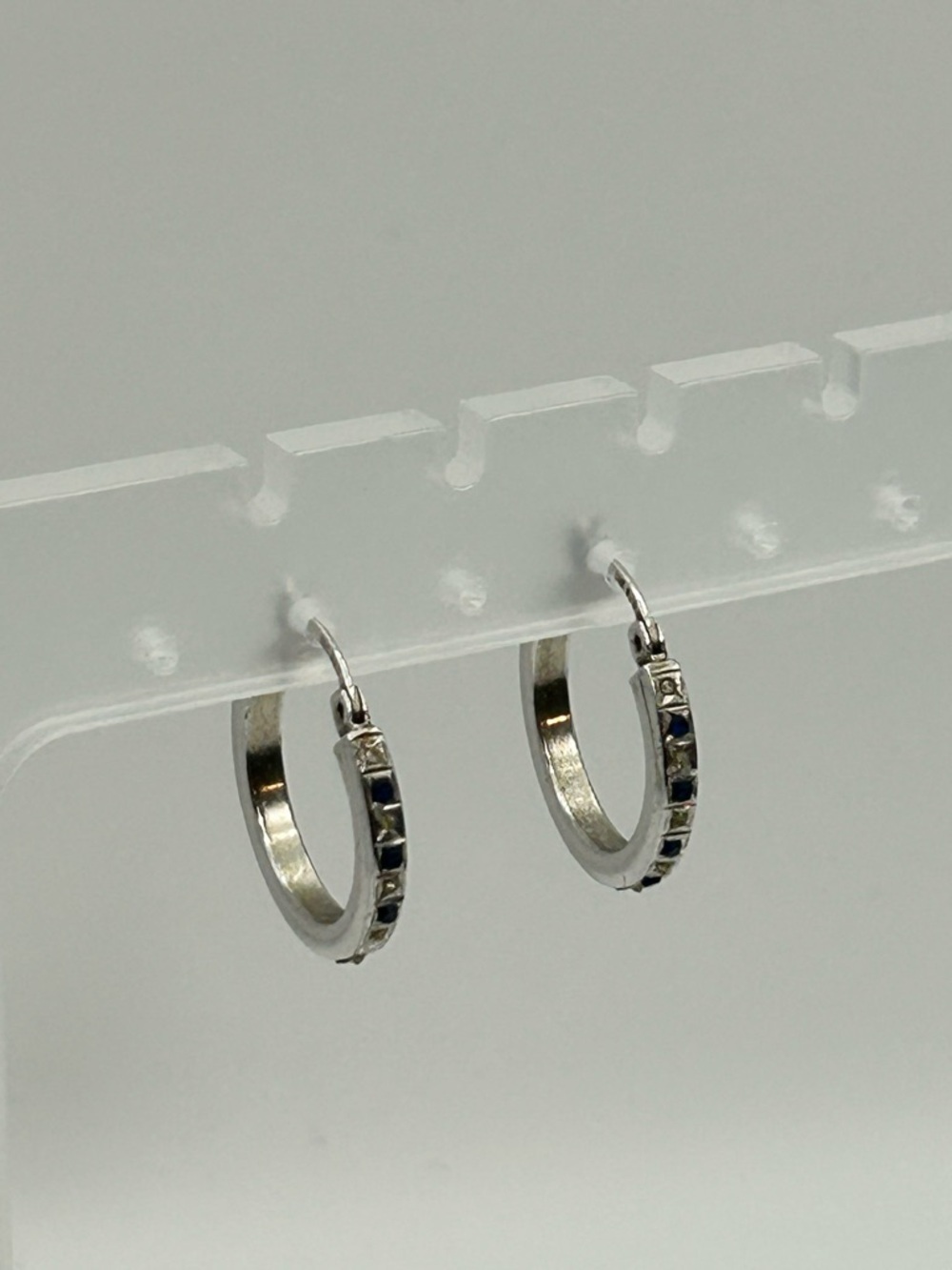 Sterling Silver Hoop Earrings Blue & Clear Crystals 1" Stamped 925 SLC